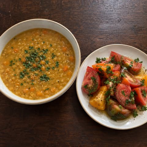 Lemony Lentil Soup with Heirloom Tomato Salad