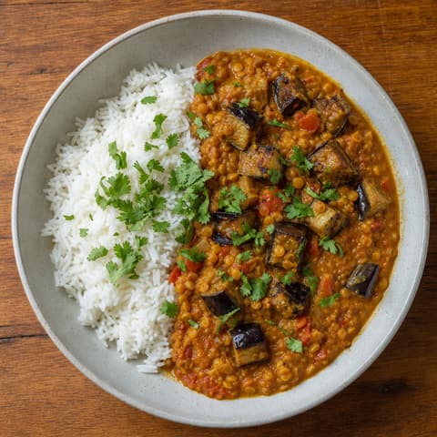 South Indian Eggplant Red Lentil Dal