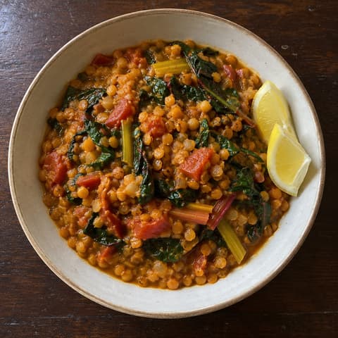 Spiced Red Lentils with Rainbow Chard