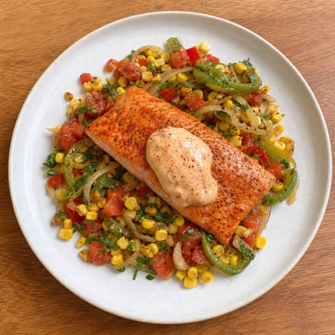 Basque Coho with Corn Piperade