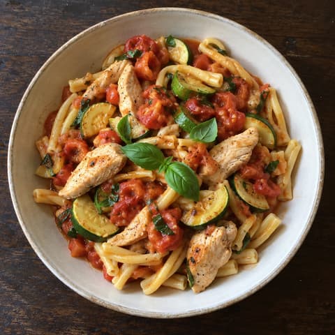 Heirloom Tomato, Zucchini & Chicken Pasta