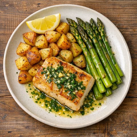 Lemon-Herb Mahi Mahi with Roasted Asparagus & Yukon Potatoes