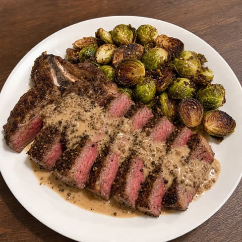 Ribeye au Poivre with Brussels Sprouts