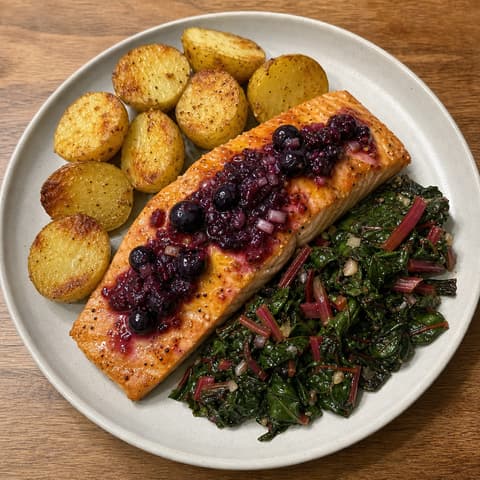 Blueberry-Glazed Steelhead with Red Chard