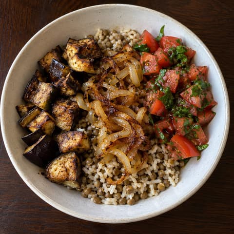 Lentil Rice Bowls with Golden Eggplant