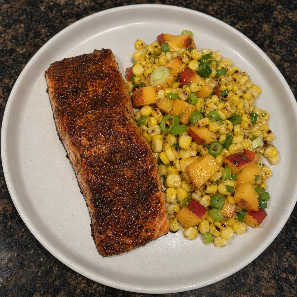 Caribbean Jerk Coho with Corn-Peach Salsa