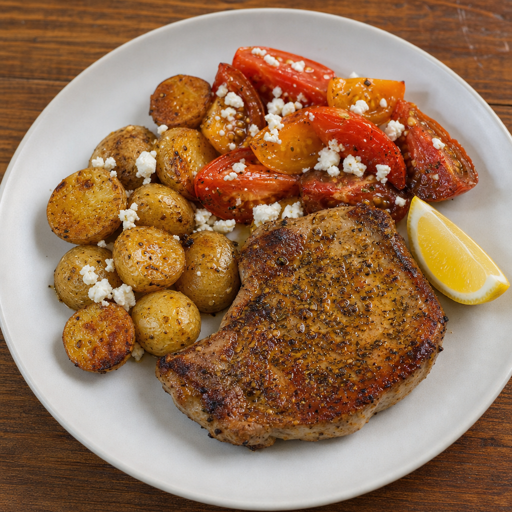 Greek Pork Chops with Roasted Heirloom Tomatoes