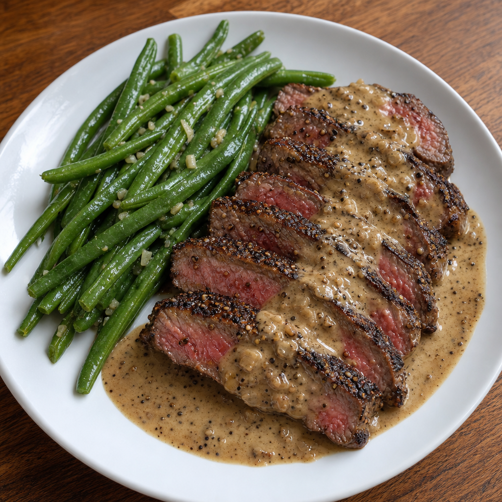 Ribeye au Poivre with Green Beans