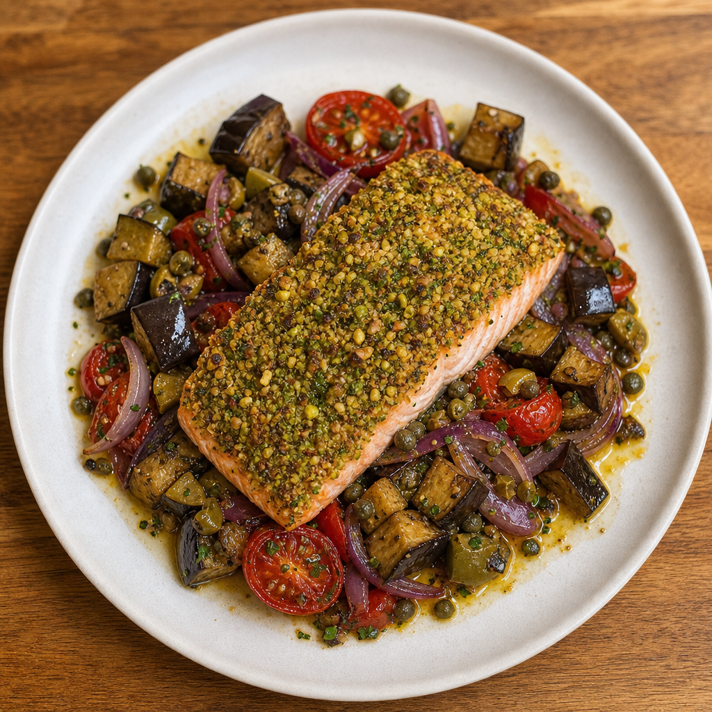 Pistachio Salmon with Roasted Caponata