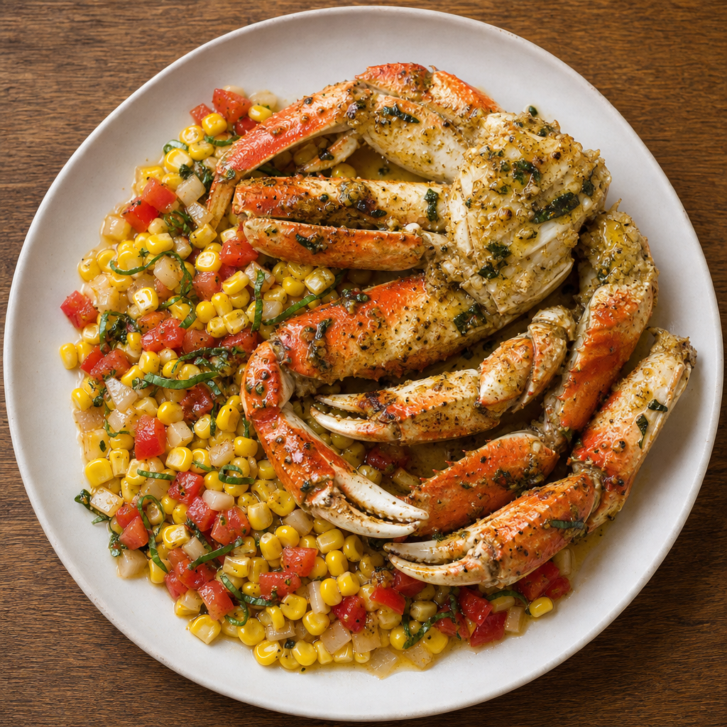 Broiled Dungeness Crab with Summer Corn Succotash
