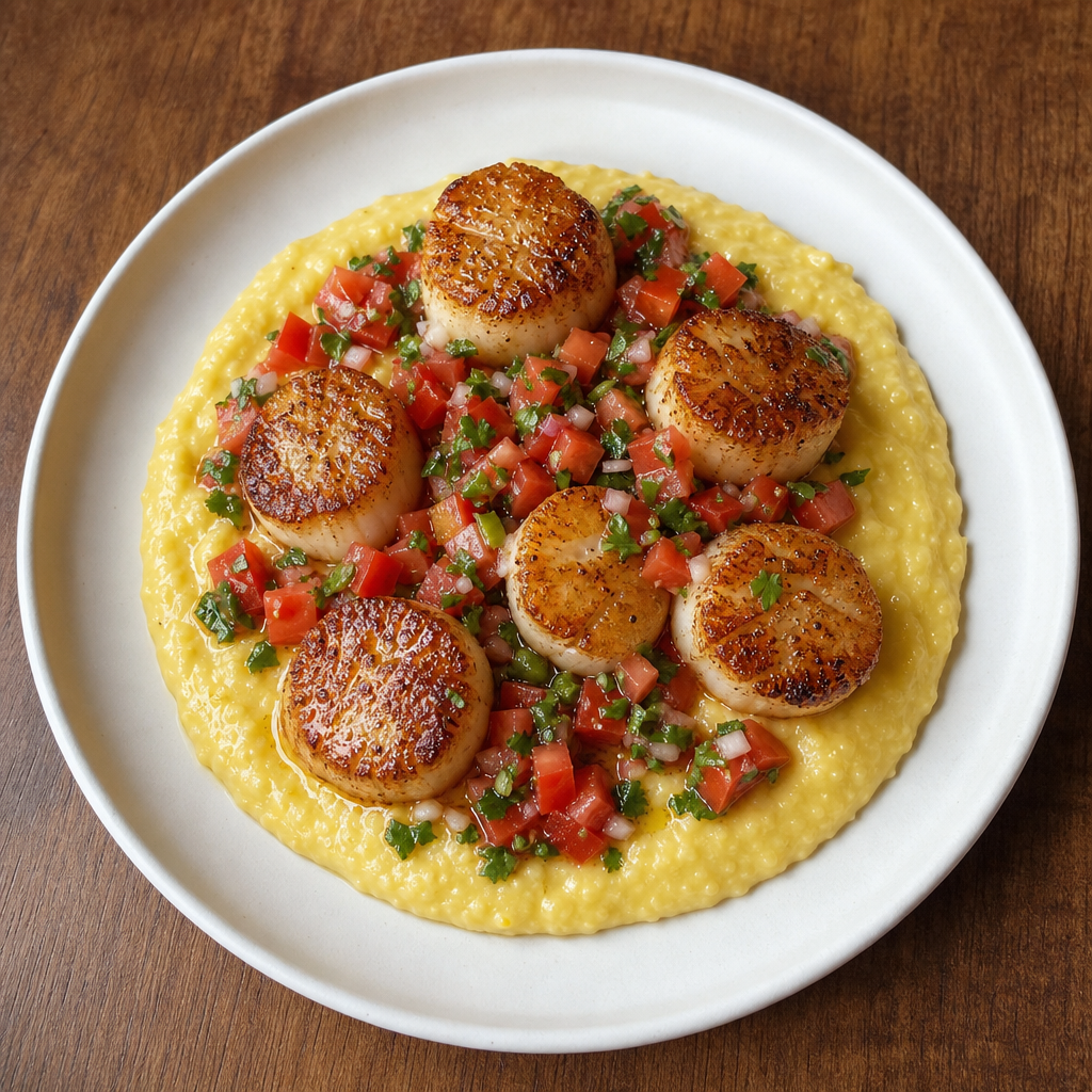 Seared Scallops with Corn Purée and Pebre