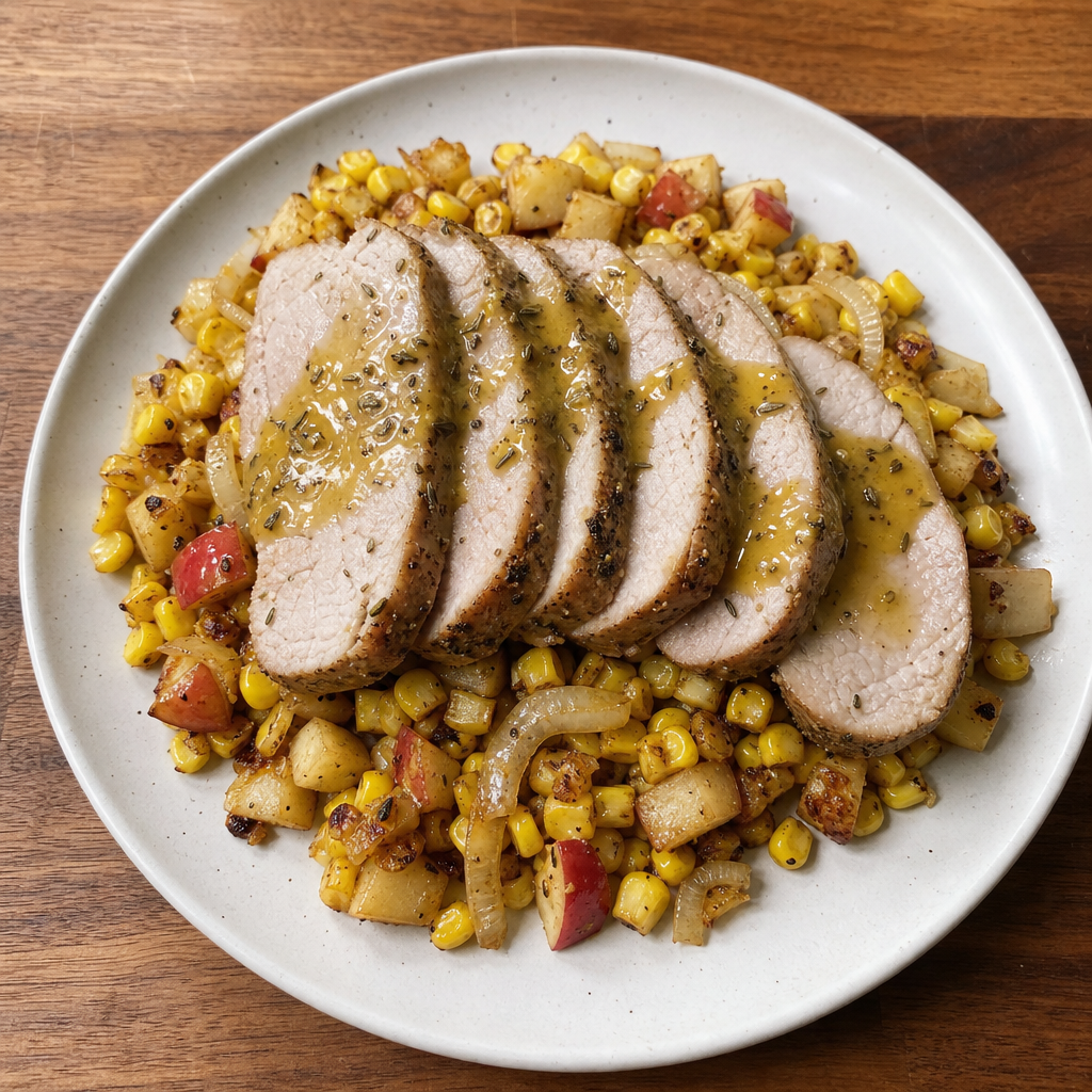 Maple-Mustard Pork with Corn-Apple Hash