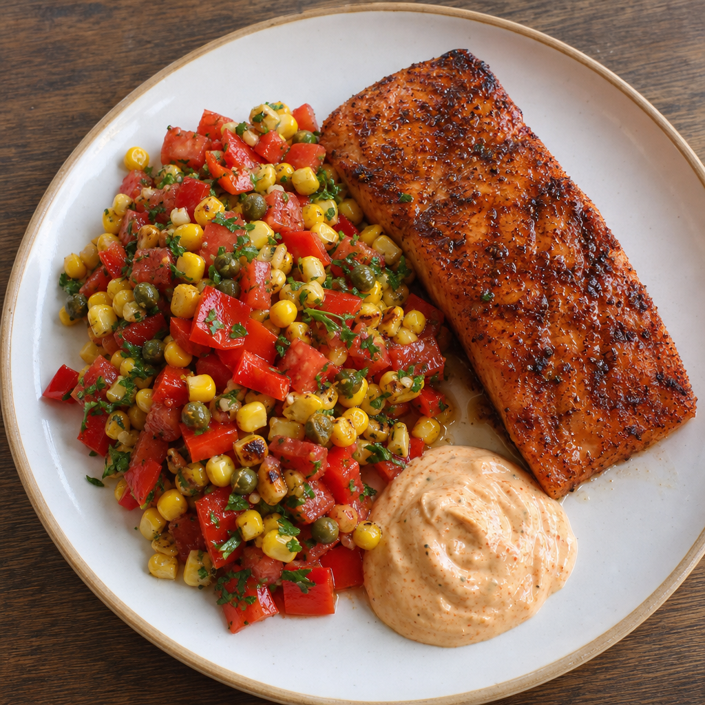 Basque Grilled Sockeye with Corn Piperade